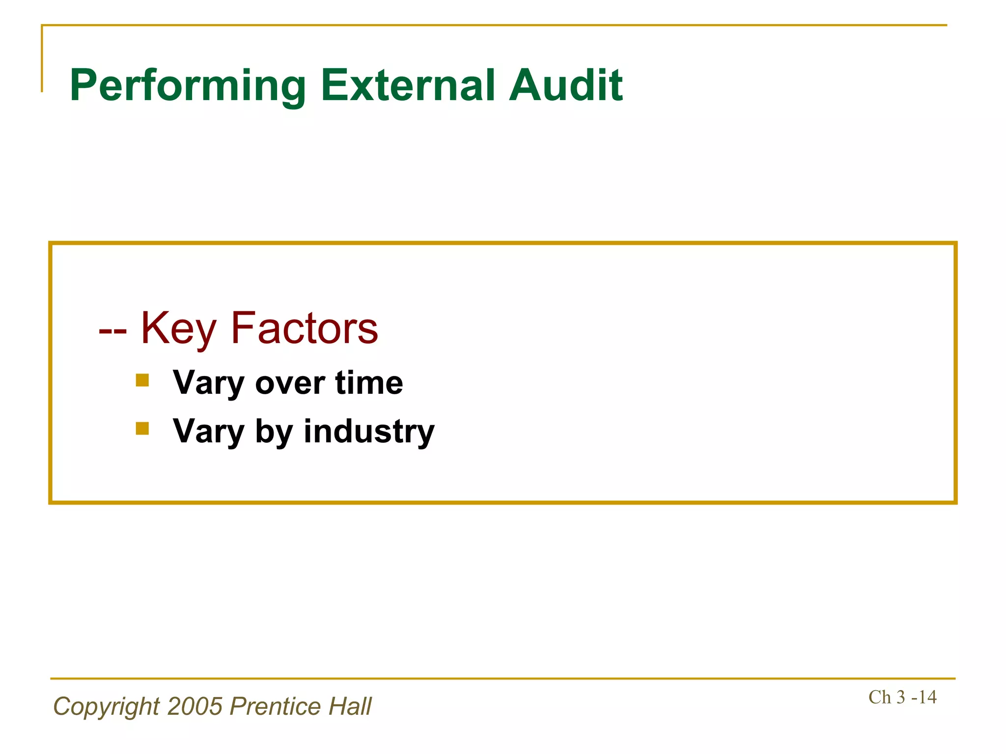 -- Key Factors Vary over time Vary by industry Performing External Audit 