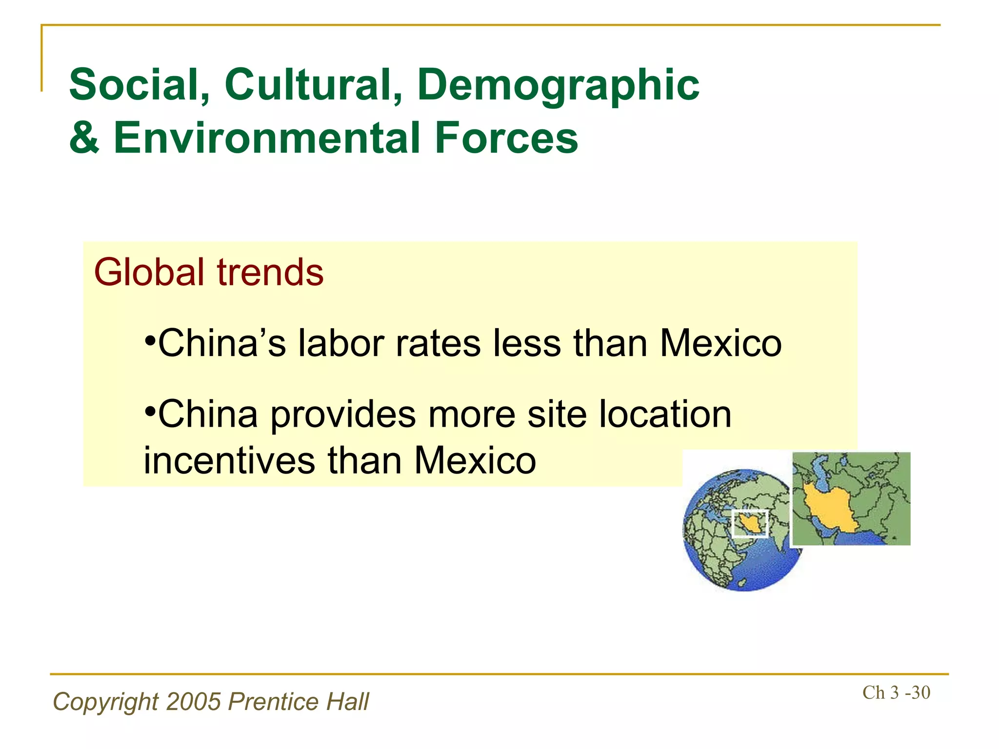 Global trends China’s labor rates less than Mexico China provides more site location incentives than Mexico Social, Cultural, Demographic & Environmental Forces 