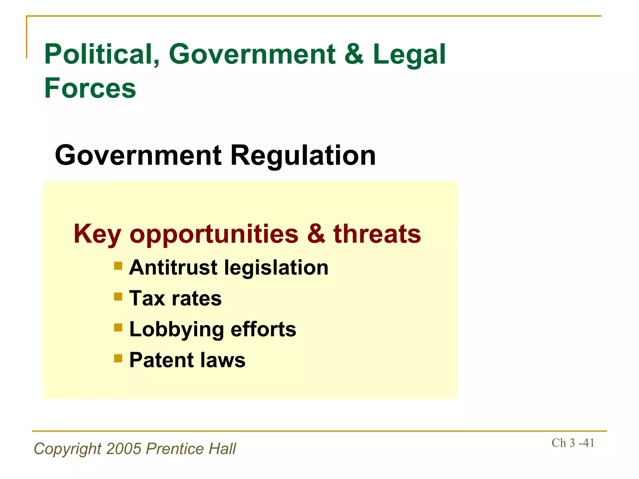 Political, Government & Legal Forces Key opportunities & threats Antitrust legislation Tax rates Lobbying efforts Patent laws Government Regulation 