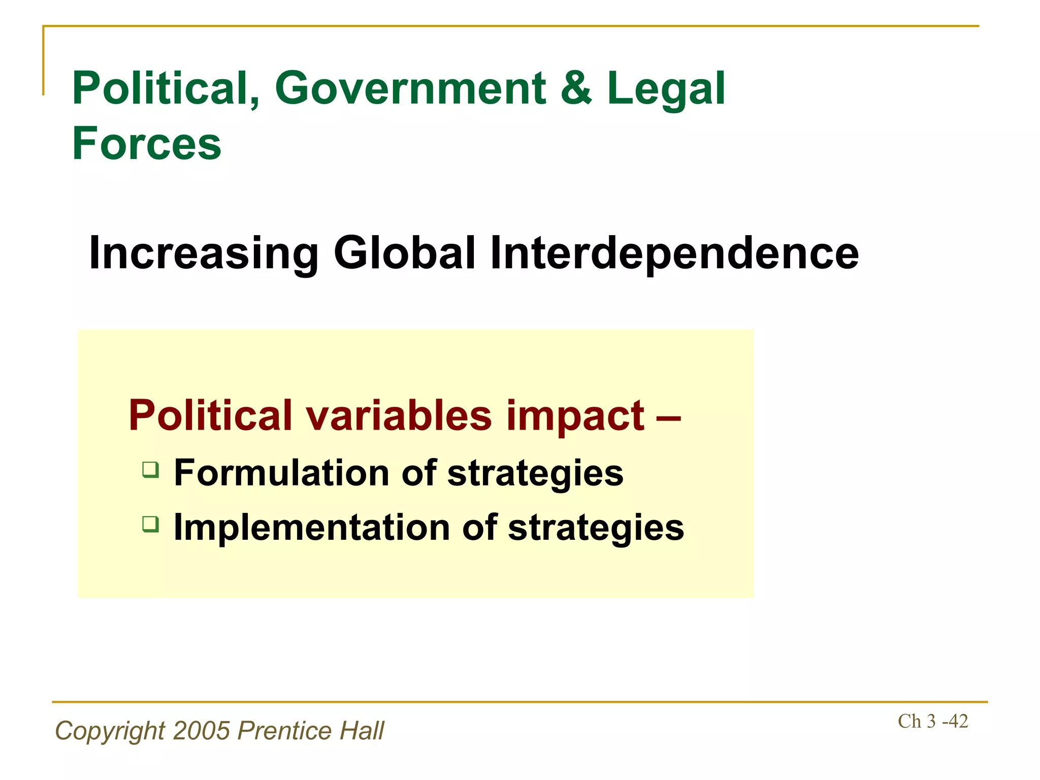 Political, Government & Legal Forces Political variables impact – Formulation of strategies Implementation of strategies Increasing Global Interdependence 