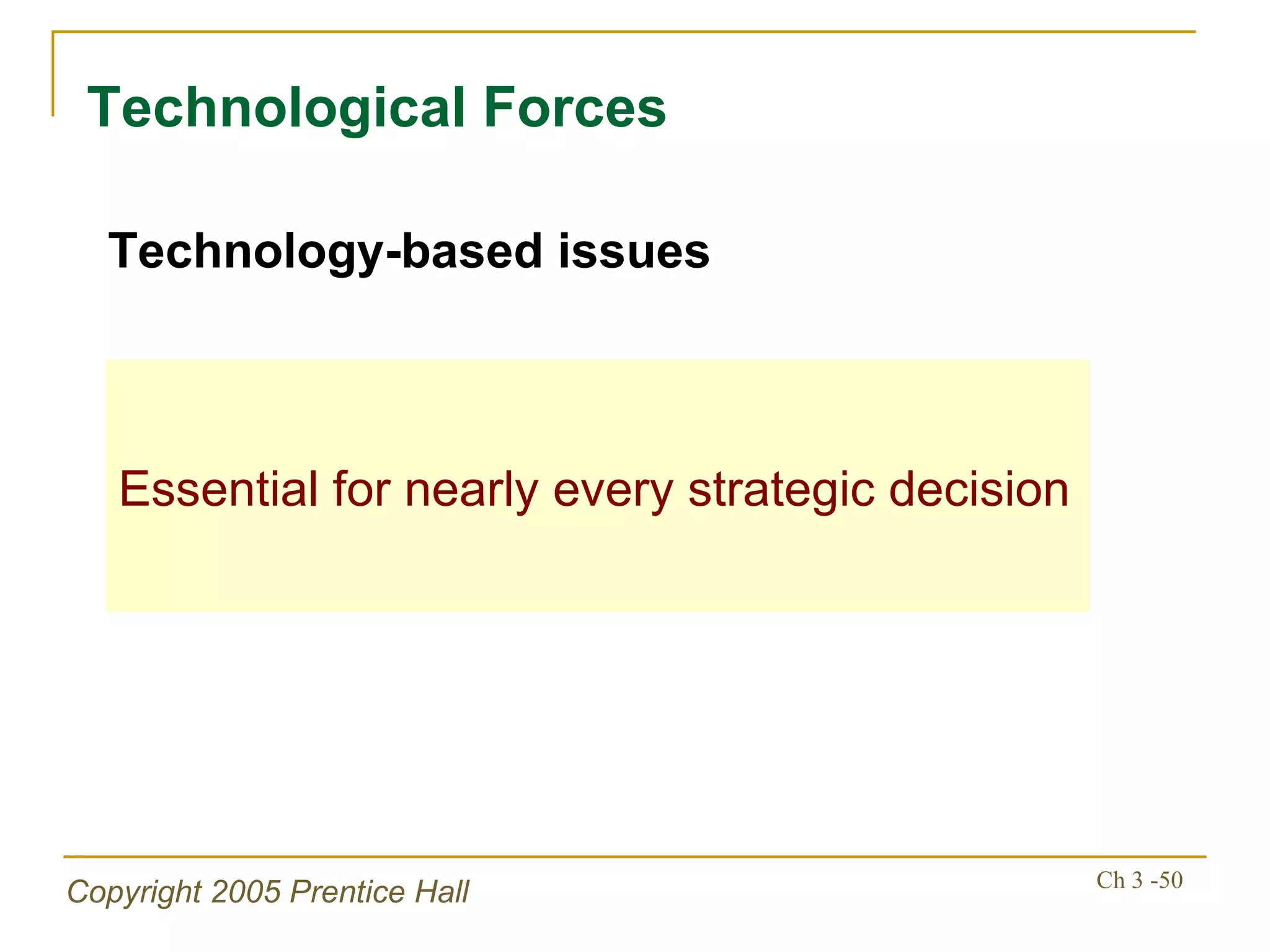 Technological Forces Essential for nearly every strategic decision Technology-based issues 