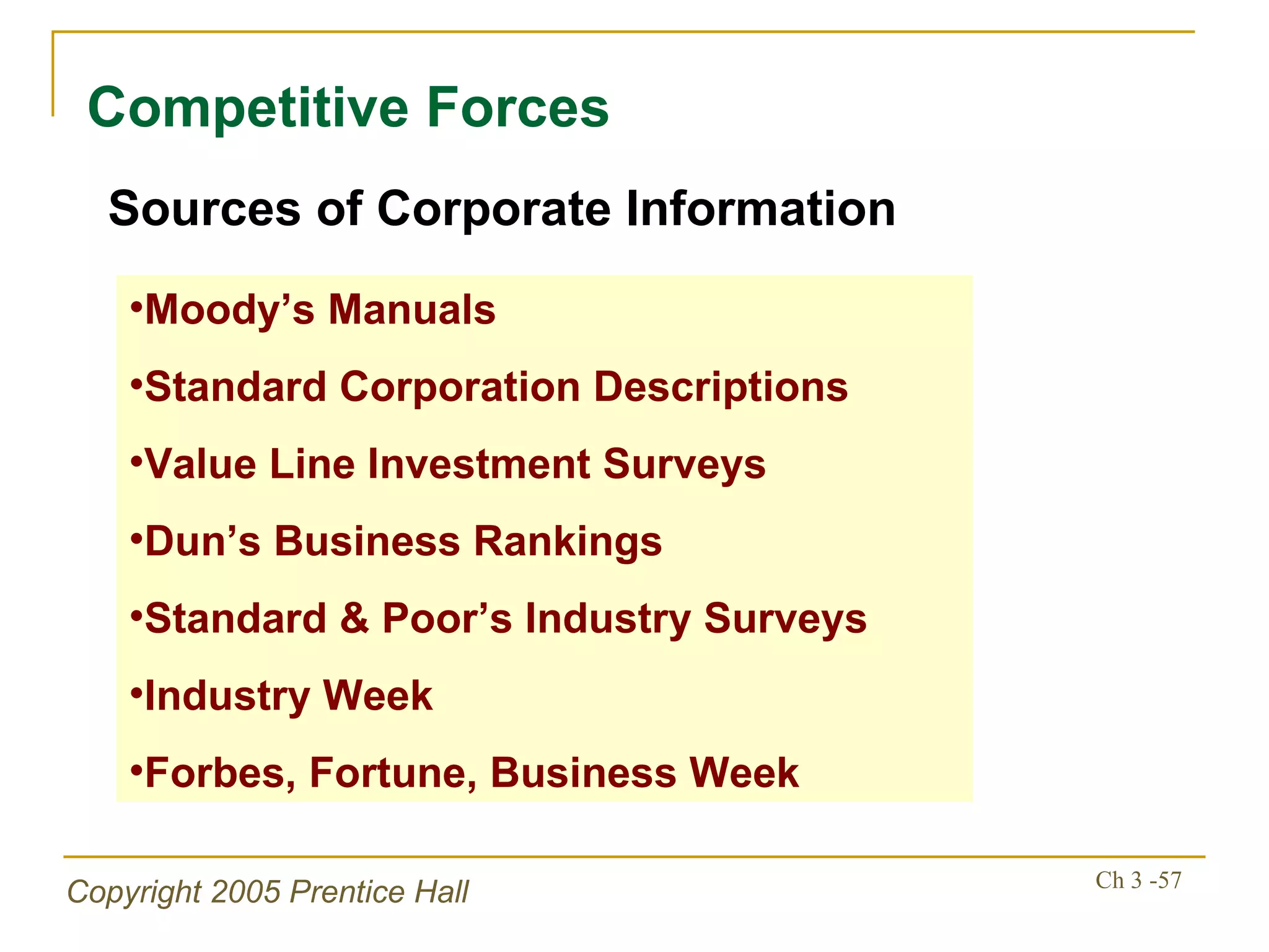 Competitive Forces Moody’s Manuals Standard Corporation Descriptions Value Line Investment Surveys Dun’s Business Rankings Standard & Poor’s Industry Surveys Industry Week Forbes, Fortune, Business Week Sources of Corporate Information 