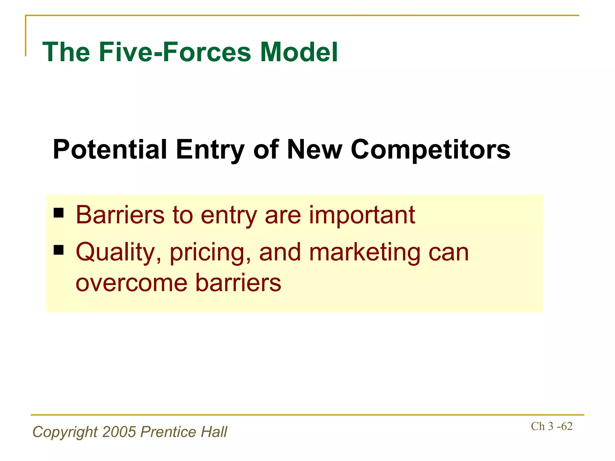 The Five-Forces Model Barriers to entry are important Quality, pricing, and marketing can overcome barriers Potential Entry of New Competitors 