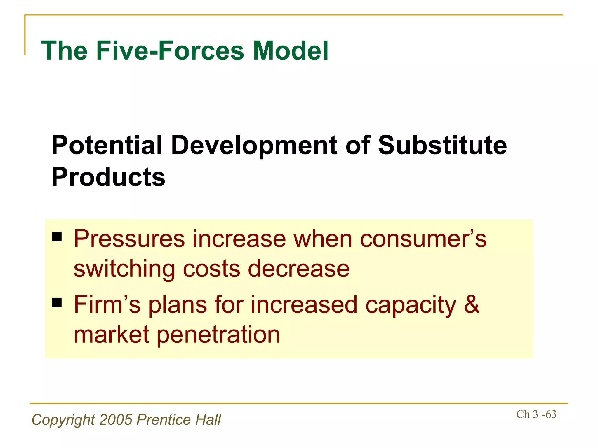 The Five-Forces Model Pressures increase when consumer’s switching costs decrease Firm’s plans for increased capacity & market penetration Potential Development of Substitute Products 