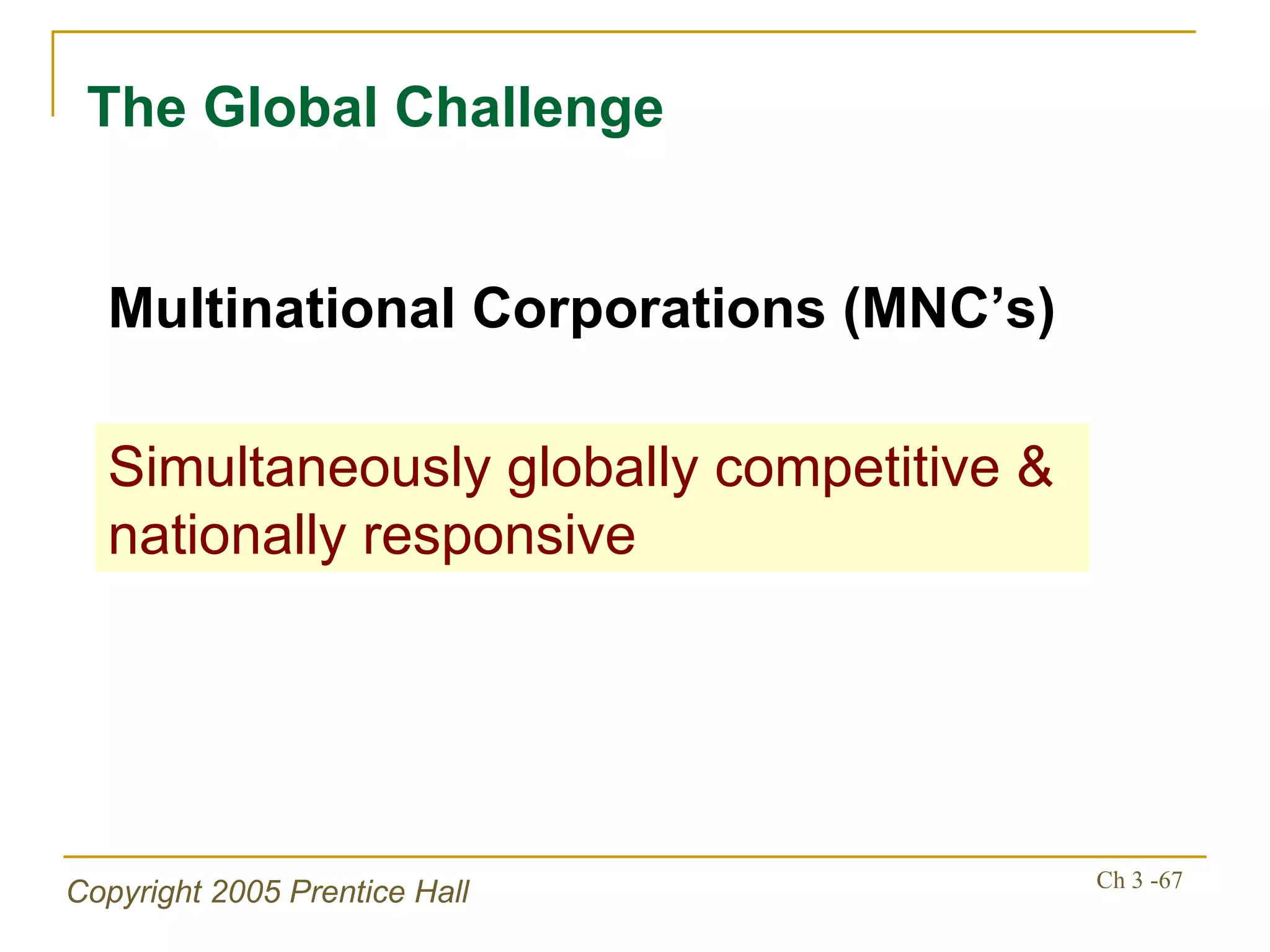 The Global Challenge Simultaneously globally competitive & nationally responsive Multinational Corporations (MNC’s) 