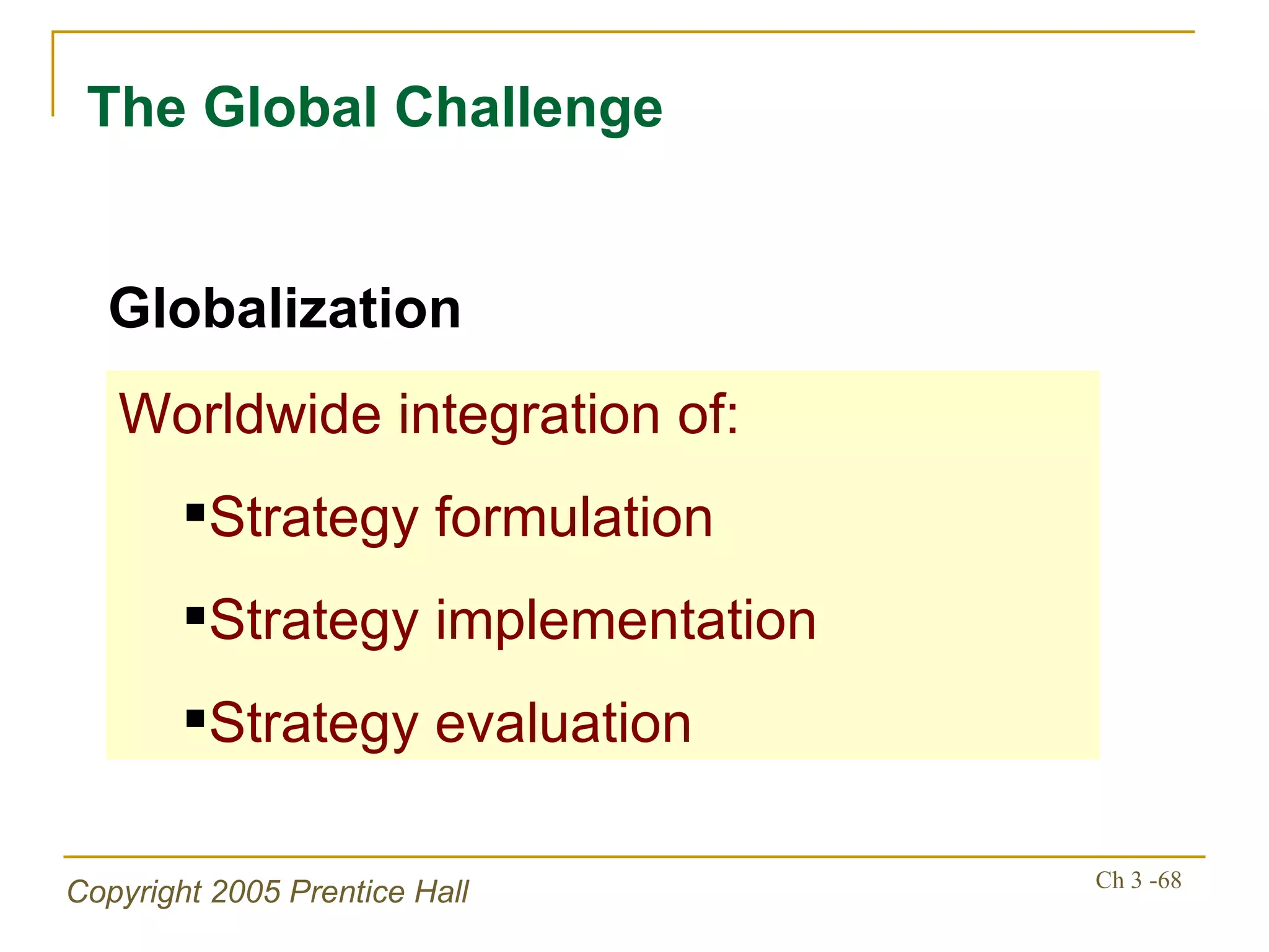 The Global Challenge Worldwide integration of: Strategy formulation Strategy implementation Strategy evaluation Globalization 