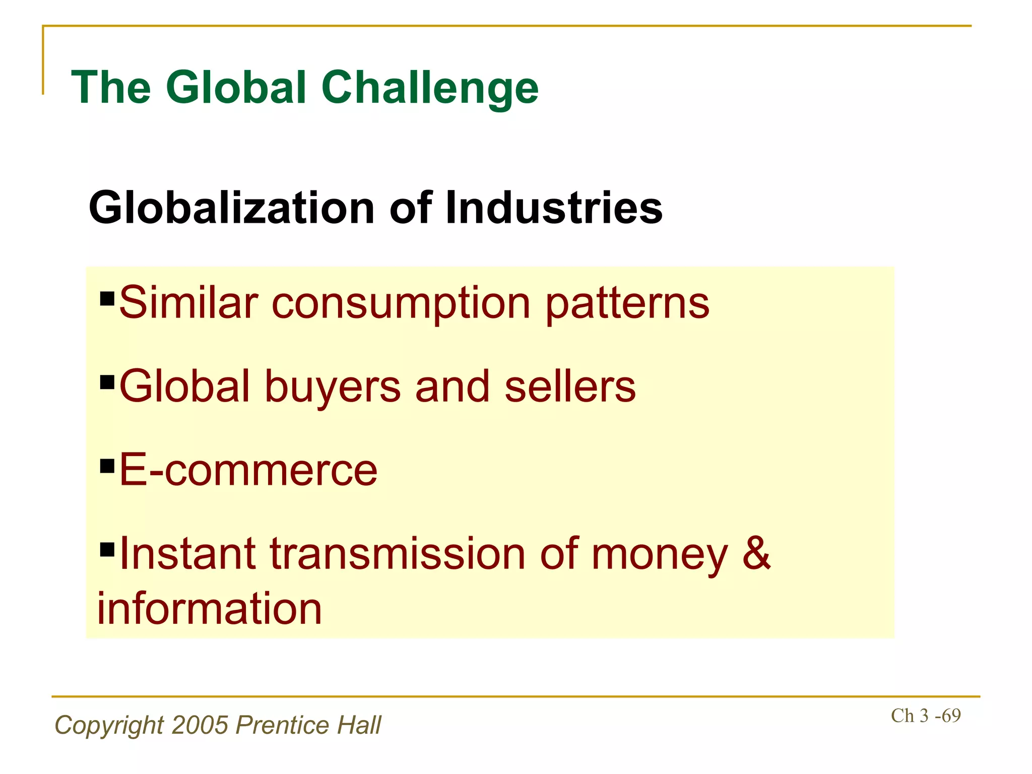 The Global Challenge Similar consumption patterns Global buyers and sellers E-commerce Instant transmission of money & information Globalization of Industries 