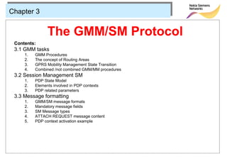 Chapter 3


                The GMM/SM Protocol
 Contents:
 3.1 GMM tasks
     1.   GMM Procedures
     2.   The concept of Routing Areas
     3.   GPRS Mobility Management State Transition
     4.   Combined /not combined GMM/MM procedures
 3.2 Session Management SM
     1.   PDP State Model
     2.   Elements involved in PDP contexts
     3.   PDP related parameters
 3.3 Message formatting
     1.   GMM/SM message formats
     2.   Mandatory message fields
     3.   SM Message types
     4.   ATTACH REQUEST message content
     5.   PDP context activation example
 