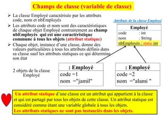  La classe Employé caractérisée par les attributs
code, nom et nbEmployés
 Les attributs code et nom sont des caractéristiques
de chaque objet Employé contrairement au champ
nbEmployés qui est une caractéristique
commune à tous les objets (attribut statique)
 Chaque objet, instance d’une classe, donne des
valeurs particulières à tous les attributs définis dans
sa classe sauf les attributs statiques ce qui détermine
son état
Attributs de la classe Employé
7
Champs de classe (variable de classe)
: Employé
code =1
nom ="jamil"
: Employé
code =2
nom ="alami "
2 objets de la classe
Employé
Un attribut statique d’une classe est un attribut qui appartient à la classe
et qui est partagé par tous les objets de cette classe. Un attribut statique est
considéré comme étant une variable globale à tous les objets.
Les attributs statiques ne sont pas instanciés dans les objets.
Employé
code : int
nom : String
nbEmployés : static int
 