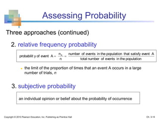 Assessing Probability
Three approaches (continued)
2. relative frequency probability
 the limit of the proportion of times that an event A occurs in a large
number of trials, n
3. subjective probability
an individual opinion or belief about the probability of occurrence
populationtheineventsofnumbertotal
Aeventsatisfythatpopulationtheineventsofnumber
n
n
Aeventofyprobabilit A

Copyright © 2010 Pearson Education, Inc. Publishing as Prentice Hall Ch. 3-14
 