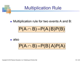 Multiplication Rule
 Multiplication rule for two events A and B:
 also
P(B)B)|P(AB)P(A 
P(A)A)|P(BB)P(A 
Copyright © 2010 Pearson Education, Inc. Publishing as Prentice Hall Ch. 3-24
 