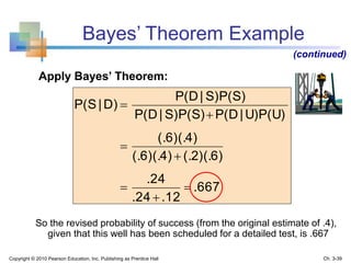 So the revised probability of success (from the original estimate of .4),
given that this well has been scheduled for a detailed test, is .667
667.
12.24.
24.
)6)(.2(.)4)(.6(.
)4)(.6(.
U)P(U)|P(DS)P(S)|P(D
S)P(S)|P(D
D)|P(S







Bayes’ Theorem Example
(continued)
Apply Bayes’ Theorem:
Copyright © 2010 Pearson Education, Inc. Publishing as Prentice Hall Ch. 3-39
 