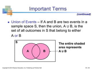Important Terms
 Union of Events – If A and B are two events in a
sample space S, then the union, A U B, is the
set of all outcomes in S that belong to either
A or B
(continued)
A B
The entire shaded
area represents
A U B
S
Copyright © 2010 Pearson Education, Inc. Publishing as Prentice Hall Ch. 3-6
 