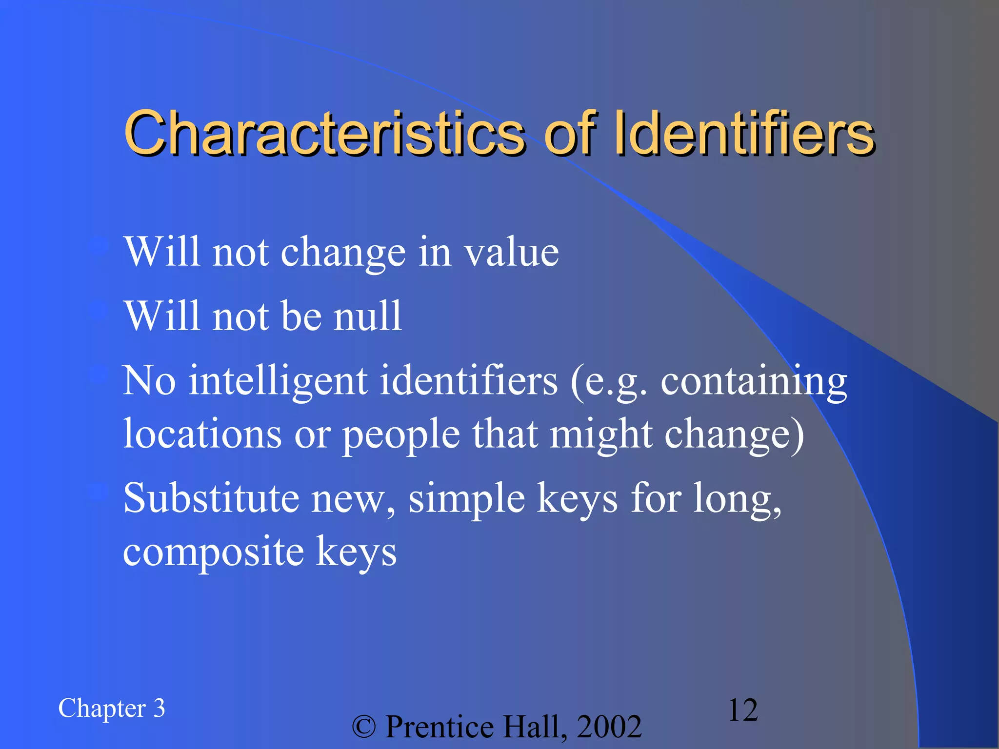 Chapter 3
© Prentice Hall, 2002
12
Characteristics of IdentifiersCharacteristics of Identifiers
Will not change in value
Will not be null
No intelligent identifiers (e.g. containing
locations or people that might change)
Substitute new, simple keys for long,
composite keys
 