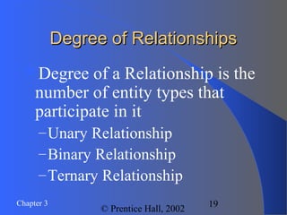 Chapter 3
© Prentice Hall, 2002
19
Degree of RelationshipsDegree of Relationships
Degree of a Relationship is the
number of entity types that
participate in it
–Unary Relationship
–Binary Relationship
–Ternary Relationship
 