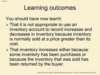 Frank Wood and Alan Sangster, Frank Wood’s Business Accounting 1, 14th Edition, © Pearson Education Limited 2018
Slide 3.19
Learning outcomes
You should have now learnt:
 That it is not appropriate to use an
inventory account to record increases and
decreases in inventory because inventory
is normally sold at a price greater than its
cost.
 That inventory increases either because
some inventory has been purchases or
because the inventory that was sold has
been returned by the buyer.
 