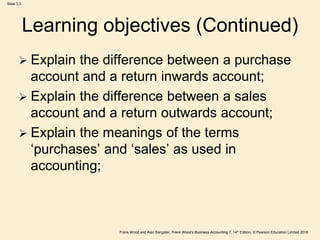 Frank Wood and Alan Sangster, Frank Wood’s Business Accounting 1, 14th Edition, © Pearson Education Limited 2018
Slide 3.3
Learning objectives (Continued)
 Explain the difference between a purchase
account and a return inwards account;
 Explain the difference between a sales
account and a return outwards account;
 Explain the meanings of the terms
‘purchases’ and ‘sales’ as used in
accounting;
 
