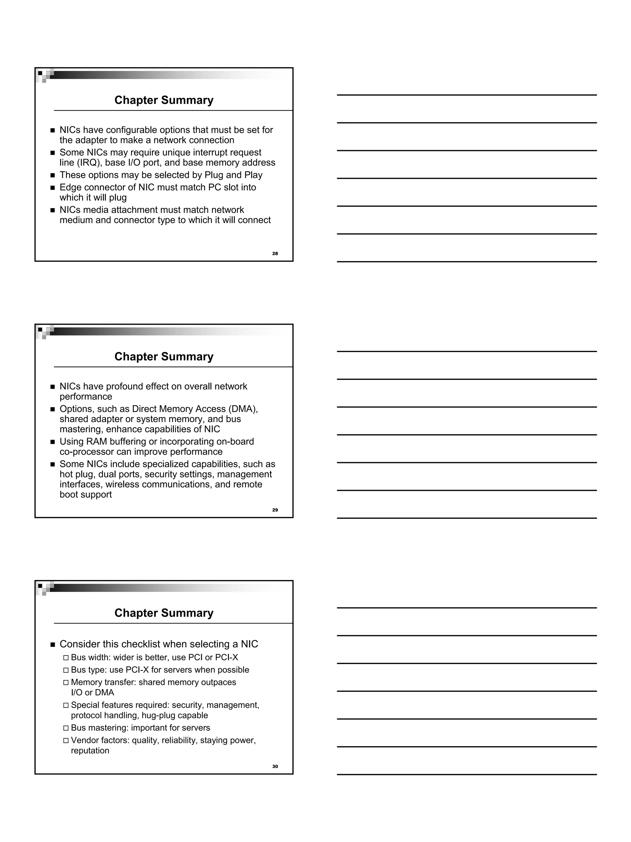 Chapter Summary

NICs have configurable options that must be set for
the adapter to make a network connection
Some NICs may require unique interrupt request
line (IRQ), base I/O port, and base memory address
These options may be selected by Plug and Play
Edge connector of NIC must match PC slot into
which it will plug
NICs media attachment must match network
medium and connector type to which it will connect


                                                         28




             Chapter Summary

NICs have profound effect on overall network
performance
Options, such as Direct Memory Access (DMA),
shared adapter or system memory, and bus
mastering, enhance capabilities of NIC
Using RAM buffering or incorporating on-board
co-processor can improve performance
Some NICs include specialized capabilities, such as
hot plug, dual ports, security settings, management
interfaces, wireless communications, and remote
boot support
                                                         29




             Chapter Summary

Consider this checklist when selecting a NIC
  Bus width: wider is better, use PCI or PCI-X
  Bus type: use PCI-X for servers when possible
  Memory transfer: shared memory outpaces
  I/O or DMA
  Special features required: security, management,
  protocol handling, hug-plug capable
  Bus mastering: important for servers
  Vendor factors: quality, reliability, staying power,
  reputation
                                                         30
 