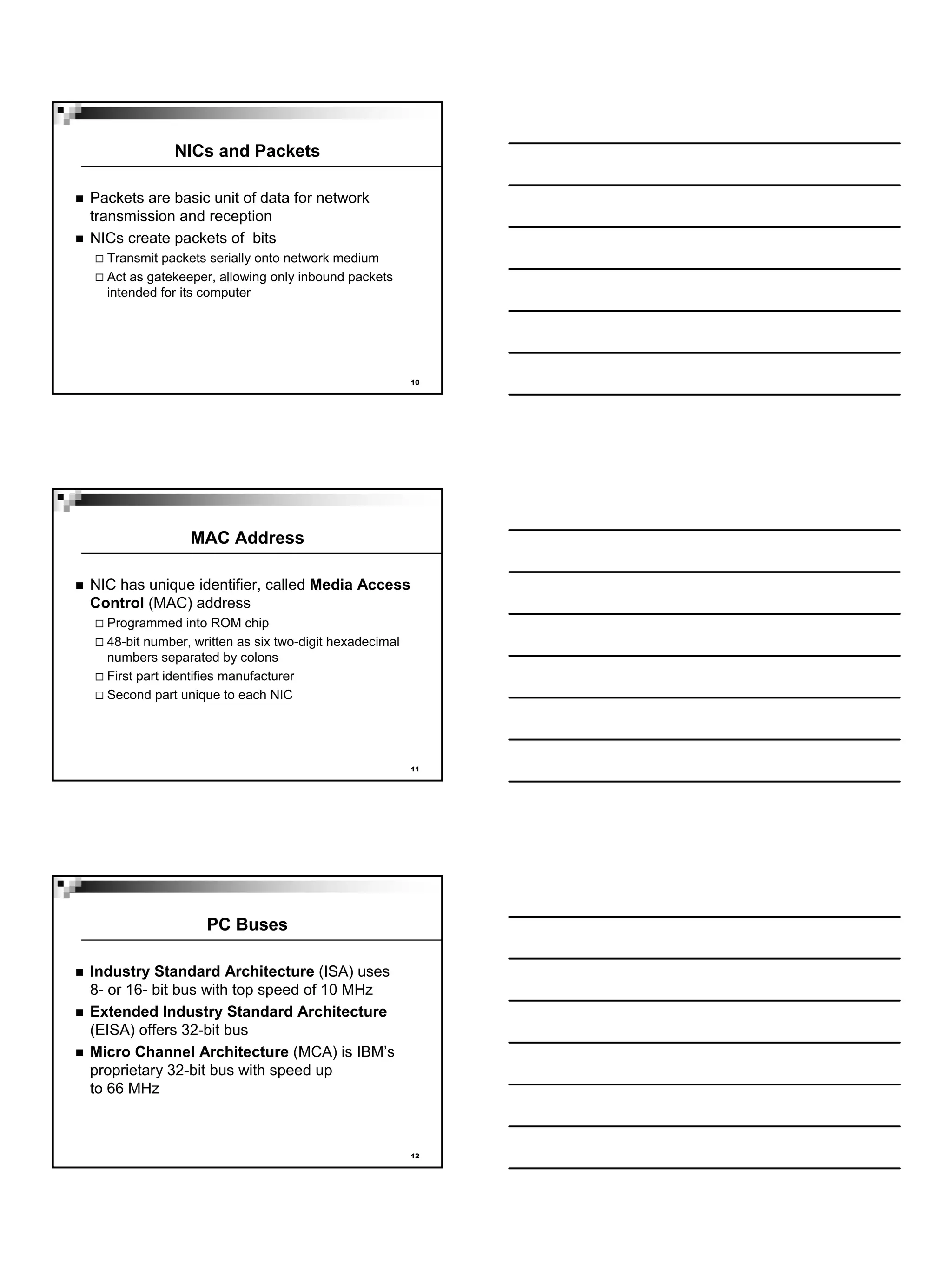 NICs and Packets

Packets are basic unit of data for network
transmission and reception
NICs create packets of bits
  Transmit packets serially onto network medium
  Act as gatekeeper, allowing only inbound packets
  intended for its computer




                                                        10




                MAC Address

NIC has unique identifier, called Media Access
Control (MAC) address
  Programmed into ROM chip
  48-bit number, written as six two-digit hexadecimal
  numbers separated by colons
  First part identifies manufacturer
  Second part unique to each NIC




                                                        11




                   PC Buses

Industry Standard Architecture (ISA) uses
8- or 16- bit bus with top speed of 10 MHz
Extended Industry Standard Architecture
(EISA) offers 32-bit bus
Micro Channel Architecture (MCA) is IBM’s
proprietary 32-bit bus with speed up
to 66 MHz



                                                        12
 