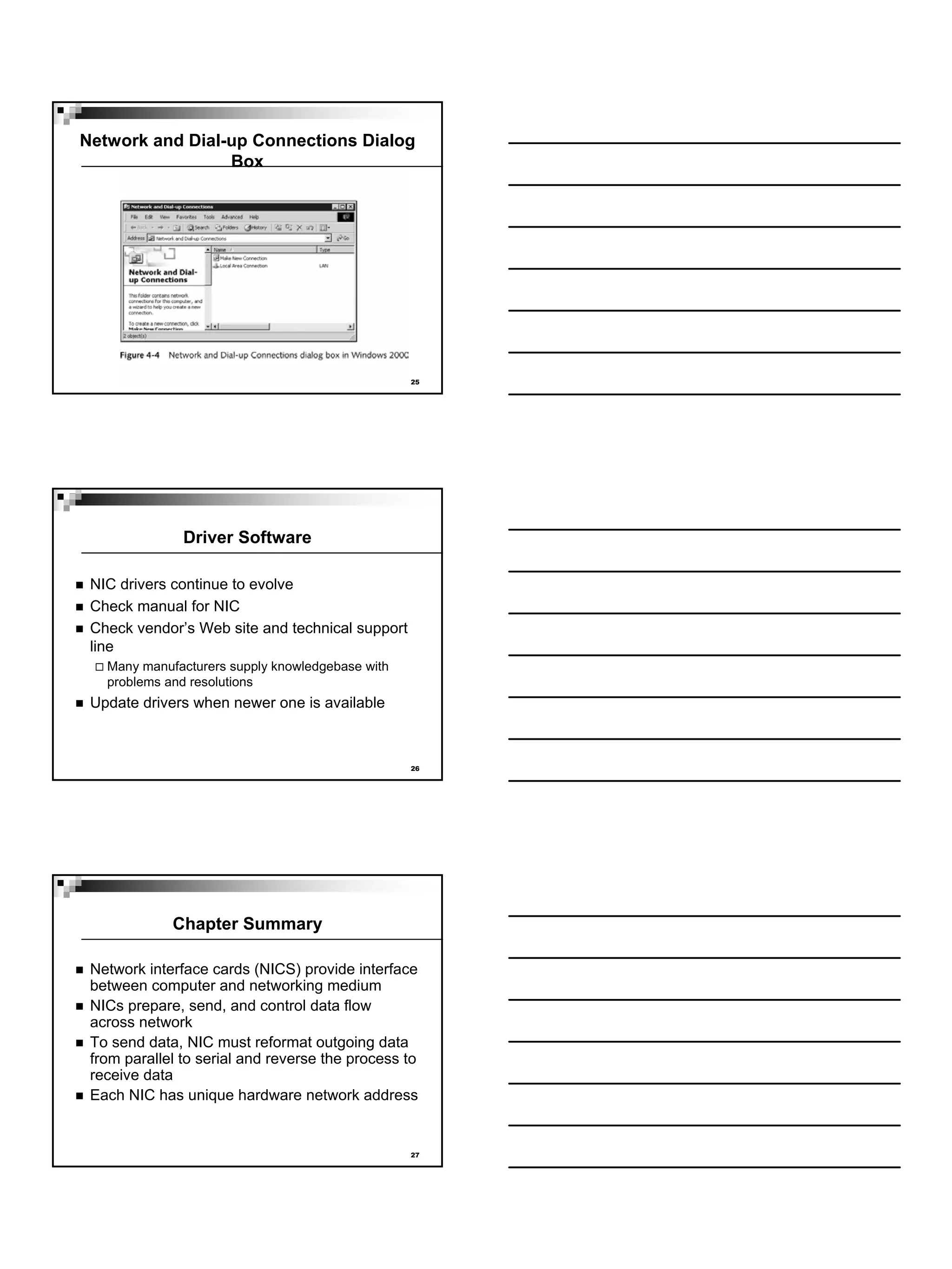 Network and Dial-up Connections Dialog
                 Box




                                                  25




               Driver Software

 NIC drivers continue to evolve
 Check manual for NIC
 Check vendor’s Web site and technical support
 line
   Many manufacturers supply knowledgebase with
   problems and resolutions
 Update drivers when newer one is available



                                                  26




             Chapter Summary

 Network interface cards (NICS) provide interface
 between computer and networking medium
 NICs prepare, send, and control data flow
 across network
 To send data, NIC must reformat outgoing data
 from parallel to serial and reverse the process to
 receive data
 Each NIC has unique hardware network address


                                                  27
 