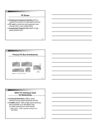 PC Buses

Peripheral Component Interface (PCI) is
newest 64-bit version of high-speed local bus
PC card is credit-card size expansion card;
includes NICs, even wireless NICs
Accelerated Graphics Port (AGP) is high
speed graphics port




                                                 13




    Primary PC Bus Architectures




                                                 14




        Other PC Interfaces Used
             for Networking

Universal Serial Bus (USB) is serial
interface for low-speed peripheral devices
FireWire (IEEE 1394) is high-speed serial bus
with bandwidth up to 400 Mbps used
for digital cameras and video devices
  New version, 1394b, supports transfers up to
  3200 Mbps




                                                 15
 