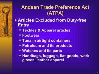 Andean Trade Preference Act (ATPA) Articles Excluded from Duty-free Entry Textiles & Apparel articles Footwear Tuna in airtight containers Petroleum and its products Watches and its parts Handbags, luggage, flat goods, work gloves, leather apparel 