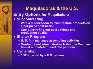 Maquiladoras & the U.S. Entry Options  for Maquiladora Subcontracting  With a maquiladora to manufacture products on a per-piece cost basis. Can quickly find out cost savings and production quality Shelter Program   U. S. firm manages assembling activities Contracts out administrative tasks to a Mexican firm at a pre-determined rate per hour Ownership  100% owned by a U.S. person 