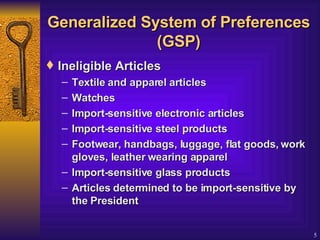 Generalized System of Preferences (GSP) Ineligible Articles   Textile and apparel articles  Watches  Import-sensitive electronic articles  Import-sensitive steel products  Footwear, handbags, luggage, flat goods, work gloves, leather wearing apparel  Import-sensitive glass products  Articles determined to be import-sensitive by the President  