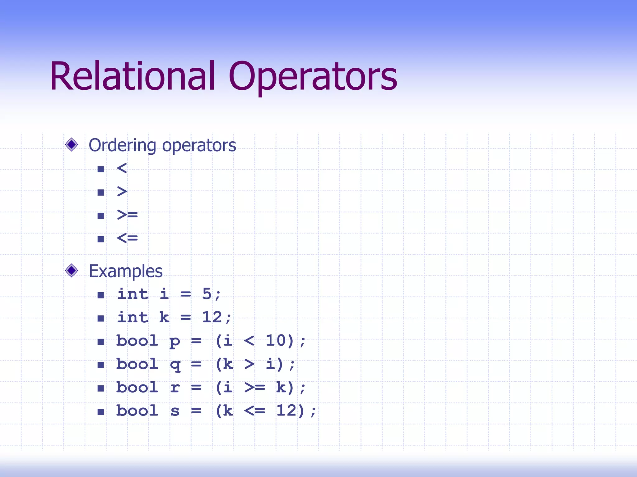 Relational Operators
Ordering operators
 <
 >
 >=
 <=
Examples
 int i = 5;
 int k = 12;
 bool p = (i < 10);
 bool q = (k > i);
 bool r = (i >= k);
 bool s = (k <= 12);
 