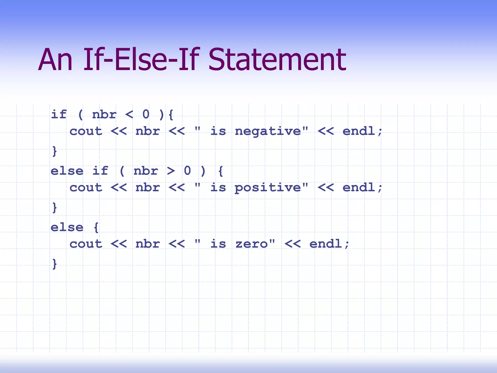 An If-Else-If Statement
if ( nbr < 0 ){
cout << nbr << " is negative" << endl;
}
else if ( nbr > 0 ) {
cout << nbr << " is positive" << endl;
}
else {
cout << nbr << " is zero" << endl;
}
 