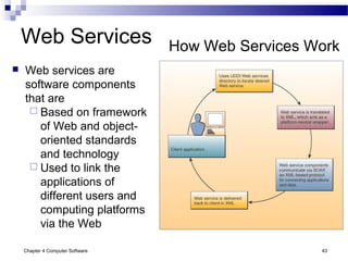 Chapter 4 Computer Software 43
Web Services
 Web services are
software components
that are
 Based on framework
of Web and object-
oriented standards
and technology
 Used to link the
applications of
different users and
computing platforms
via the Web
How Web Services Work
 