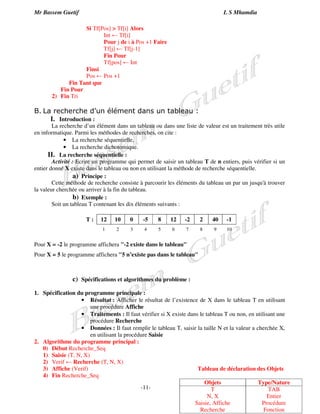 Mr Bassem Guetif L S Mhamdia 
Si Tf[Pos]  Tf[i] Alors 
Int  Tf[i] 
Pour j de i à Pos +1 Faire 
Tf[j]  Tf[j-1] 
Fin Pour 
Tf[pos]  Int 
-11- 
Finsi 
Pos  Pos +1 
Fin Tant que 
Fin Pour 
2) Fin Tri 
B. La recherche d’un élément dans un tableau : 
I. Introduction : 
La recherche d’un élément dans un tableau ou dans une liste de valeur est un traitement très utile 
en informatique. Parmi les méthodes de recherches, on cite : 
• La recherche séquentielle, 
• La recherche dichotomique. 
II. La recherche séquentielle : 
Activité : Ecrire un programme qui permet de saisir un tableau T de n entiers, puis vérifier si un 
entier donné X existe dans le tableau ou non en utilisant la méthode de recherche séquentielle. 
a) Principe : 
Cette méthode de recherche consiste à parcourir les éléments du tableau un par un jusqu'à trouver 
la valeur cherchée ou arriver à la fin du tableau. 
b) Exemple : 
Soit un tableau T contenant les dix éléments suivants : 
T : 12 10 0 -5 8 12 -2 2 40 -1 
1 2 3 4 5 6 7 8 9 10 
Pour X = -2 le programme affichera -2 existe dans le tableau 
Pour X = 5 le programme affichera 5 n’existe pas dans le tableau 
c) Spécifications et algorithmes du problème : 
1. Spécification du programme principale : 
• Résultat : Afficher le résultat de l’existence de X dans le tableau T en utilisant 
une procédure Affiche 
• Traitements : Il faut vérifier si X existe dans le tableau T ou non, en utilisant une 
procédure Recherche 
• Données : Il faut remplir le tableau T, saisir la taille N et la valeur a cherchée X, 
en utilisant la procédure Saisie 
2. Algorithme du programme principal : 
0) Début Recherche_Seq 
1) Saisie (T, N, X) 
2) Verif  Recherche (T, N, X) 
3) Affiche (Verif) 
4) Fin Recherche_Seq 
Tableau de déclaration des Objets 
Objets Type/Nature 
T 
N, X 
Saisie, Affiche 
Recherche 
TAB 
Entier 
Procédure 
Fonction 
 