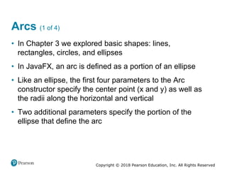 Copyright © 2018 Pearson Education, Inc. All Rights Reserved
Arcs (1 of 4)
• In Chapter 3 we explored basic shapes: lines,
rectangles, circles, and ellipses
• In JavaFX, an arc is defined as a portion of an ellipse
• Like an ellipse, the first four parameters to the Arc
constructor specify the center point (x and y) as well as
the radii along the horizontal and vertical
• Two additional parameters specify the portion of the
ellipse that define the arc
 
