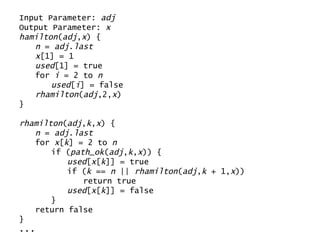 Input Parameter:  adj Output Parameter:  x hamilton ( adj , x ) { n  =  adj . last x [1] = 1 used [1] = true for  i  = 2 to  n used [ i ] = false rhamilton ( adj ,2, x ) } rhamilton ( adj , k , x ) { n  =  adj . last for  x [ k ] = 2 to  n if ( path_ok ( adj , k , x )) { used [ x [ k ]] = true if ( k  ==  n  ||  rhamilton ( adj , k  + 1, x )) return true used [ x [ k ]] = false } return false } ... 