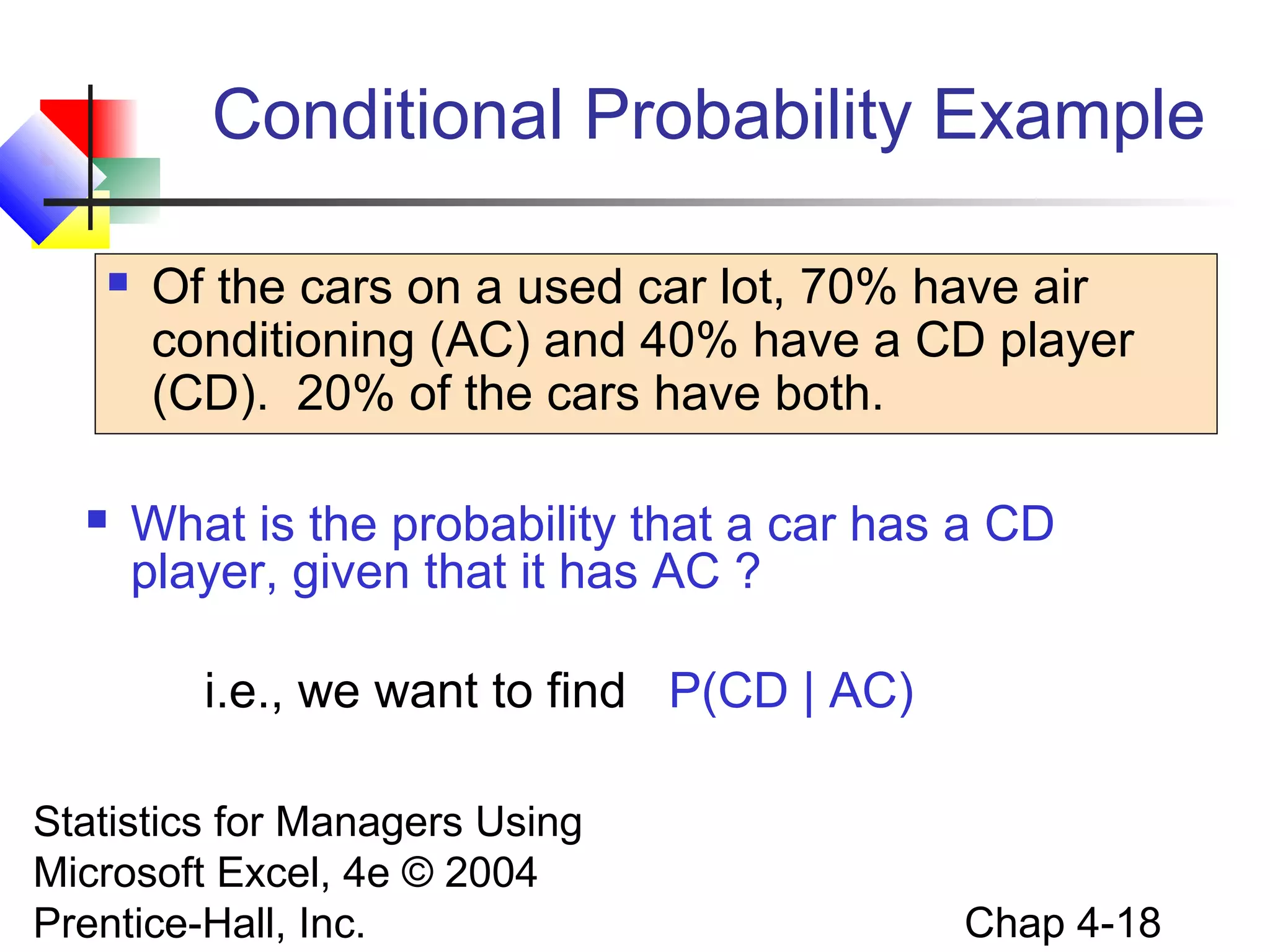 Conditional Probability Example




Of the cars on a used car lot, 70% have air
conditioning (AC) and 40% have a CD player
(CD). 20% of the cars have both.
What is the probability that a car has a CD
player, given that it has AC ?
i.e., we want to find P(CD | AC)

Statistics for Managers Using
Microsoft Excel, 4e © 2004
Prentice-Hall, Inc.

Chap 4-18

 