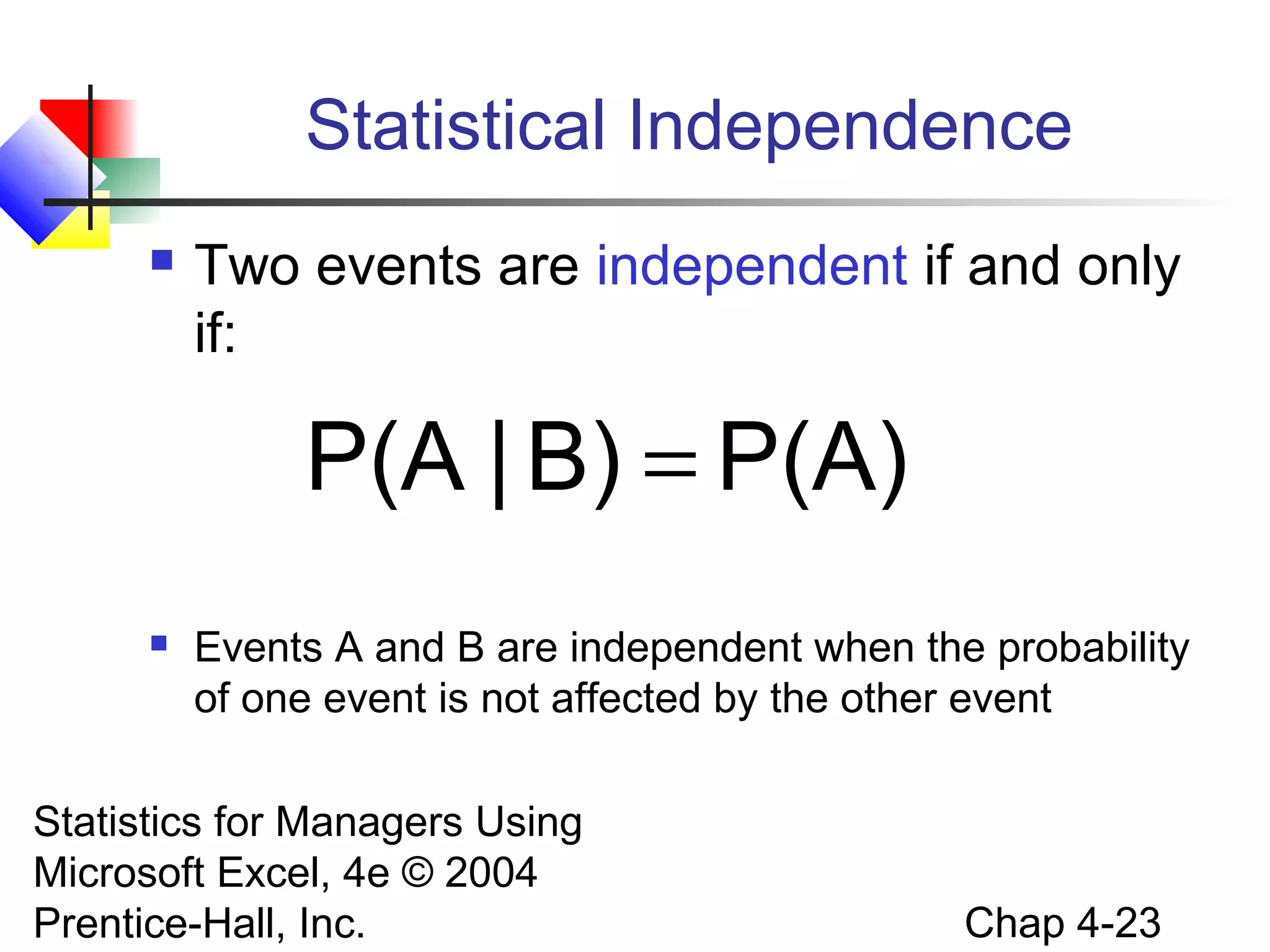 Statistical Independence


Two events are independent if and only
if:

P(A | B) = P(A)


Events A and B are independent when the probability
of one event is not affected by the other event

Statistics for Managers Using
Microsoft Excel, 4e © 2004
Prentice-Hall, Inc.

Chap 4-23

 