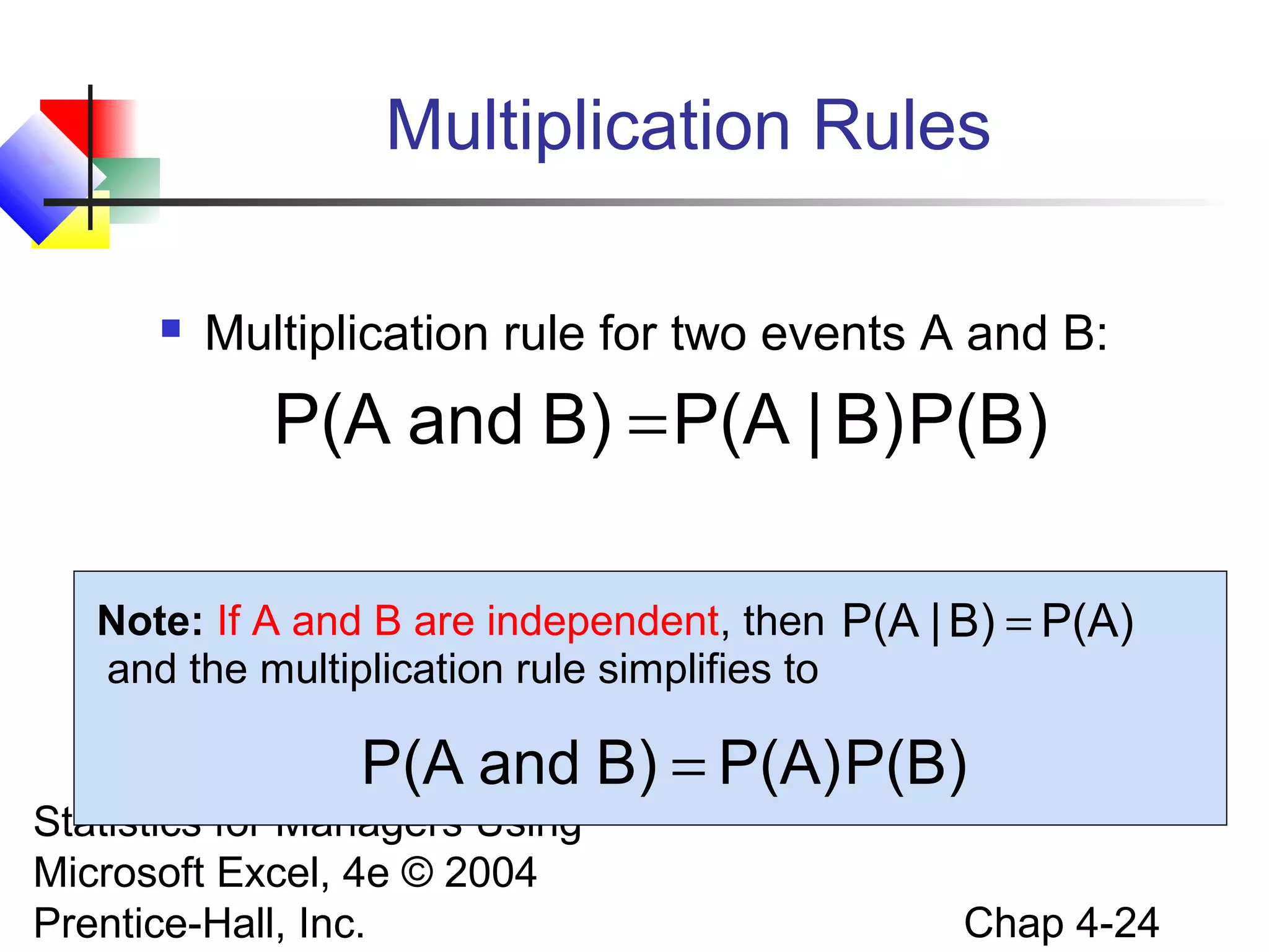 Multiplication Rules


Multiplication rule for two events A and B:

P(A and B) = P(A | B) P(B)
Note: If A and B are independent, then P(A | B) = P(A)
and the multiplication rule simplifies to

P(A and B) = P(A) P(B)

Statistics for Managers Using
Microsoft Excel, 4e © 2004
Prentice-Hall, Inc.

Chap 4-24

 