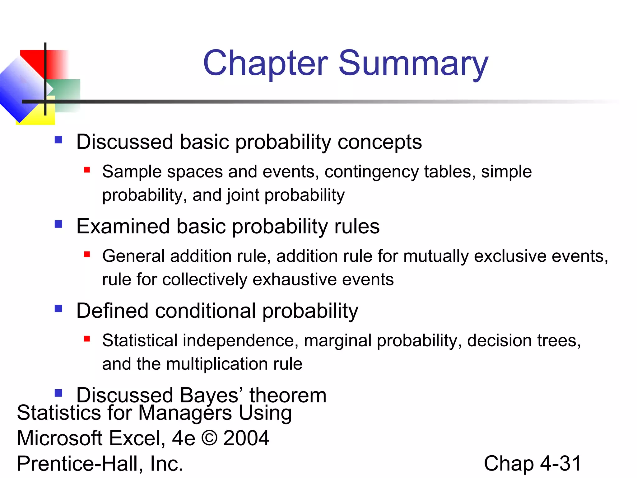 Chapter Summary


Discussed basic probability concepts




Examined basic probability rules




Sample spaces and events, contingency tables, simple
probability, and joint probability
General addition rule, addition rule for mutually exclusive events,
rule for collectively exhaustive events

Defined conditional probability


Statistical independence, marginal probability, decision trees,
and the multiplication rule

Discussed Bayes’ theorem
Statistics for Managers Using
Microsoft Excel, 4e © 2004
Prentice-Hall, Inc.


Chap 4-31

 