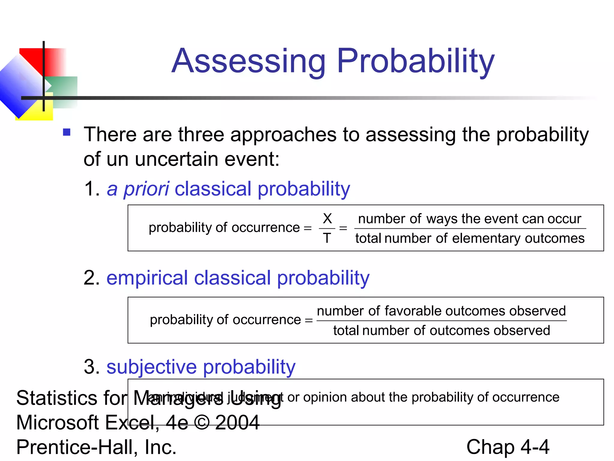 Assessing Probability


There are three approaches to assessing the probability
of un uncertain event:
1. a priori classical probability
probability of occurrence =

X
number of ways the event can occur
=
T
total number of elementary outcomes

2. empirical classical probability
probability of occurrence =

number of favorable outcomes observed
total number of outcomes observed

3. subjective probability
an individual Using
Statistics for Managers judgment or opinion about the probability of occurrence
Microsoft Excel, 4e © 2004
Chap 4-4
Prentice-Hall, Inc.

 
