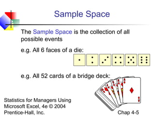 Sample Space
The Sample Space is the collection of all
possible events
e.g. All 6 faces of a die:

e.g. All 52 cards of a bridge deck:

Statistics for Managers Using
Microsoft Excel, 4e © 2004
Prentice-Hall, Inc.

Chap 4-5

 