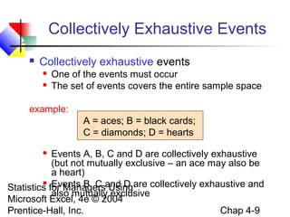 Collectively Exhaustive Events


Collectively exhaustive events



One of the events must occur
The set of events covers the entire sample space

example:
A = aces; B = black cards;
C = diamonds; D = hearts
Events A, B, C and D are collectively exhaustive
(but not mutually exclusive – an ace may also be
a heart)
 Events B, C
Statistics for Managersand D are collectively exhaustive and
Using
also mutually exclusive
Microsoft Excel, 4e © 2004
Chap 4-9
Prentice-Hall, Inc.


 