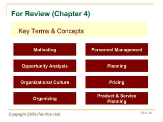 Key Terms & Concepts For Review (Chapter 4) Motivating Personnel Management Opportunity Analysis Planning Organizational Culture Pricing Organizing Product & Service Planning 