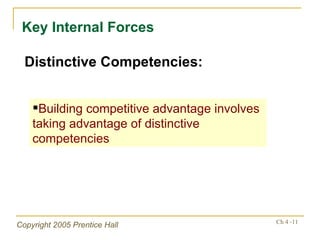 Key Internal Forces Distinctive Competencies: Building competitive advantage involves taking advantage of distinctive competencies 