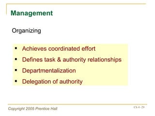 Management Organizing Achieves coordinated effort Defines task & authority relationships Departmentalization Delegation of authority 