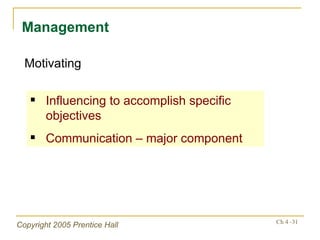 Management Motivating Influencing to accomplish specific objectives Communication – major component 