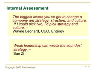 The biggest levers you’ve got to change a company are strategy, structure, and culture.  If I could pick two, I’d pick strategy and culture. – Wayne Leonard, CEO, Entergy Internal Assessment Weak leadership can wreck the soundest strategy. –  Sun Zi 