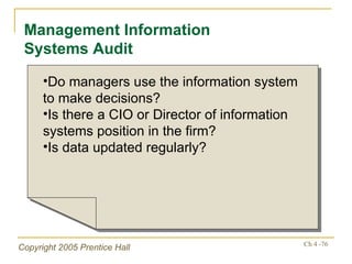 Management Information Systems Audit Do managers use the information system to make decisions? Is there a CIO or Director of information systems position in the firm? Is data updated regularly? 