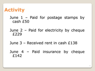 Activity
June 1 – Paid for postage stamps by
cash £50
June 2 – Paid for electricity by cheque
£229
June 3 – Received rent in cash £138
June 4 – Paid insurance by cheque
£142
13
 