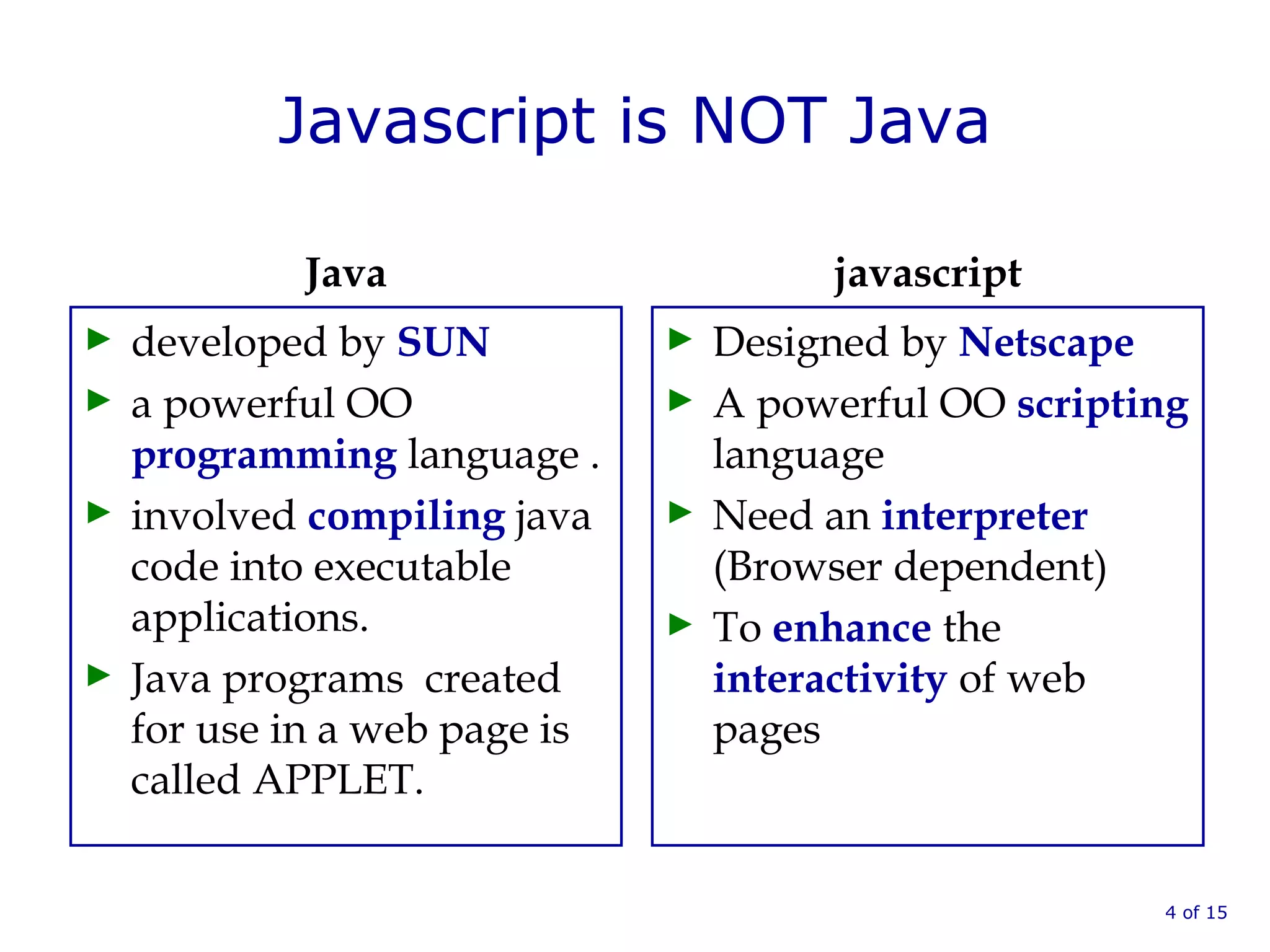 Javascript is NOT Java
Java
► developed by SUN
► a powerful OO
programming language .
► involved compiling java
code into executable
applications.
► Java programs created
for use in a web page is
called APPLET.
javascript
► Designed by Netscape
► A powerful OO scripting
language
► Need an interpreter
(Browser dependent)
► To enhance the
interactivity of web
pages
4 of 15
 