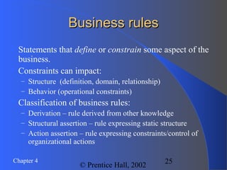 25Chapter 4
© Prentice Hall, 2002
Business rulesBusiness rules
 Statements that define or constrain some aspect of the
business.
 Constraints can impact:
– Structure (definition, domain, relationship)
– Behavior (operational constraints)
 Classification of business rules:
– Derivation – rule derived from other knowledge
– Structural assertion – rule expressing static structure
– Action assertion – rule expressing constraints/control of
organizational actions
 